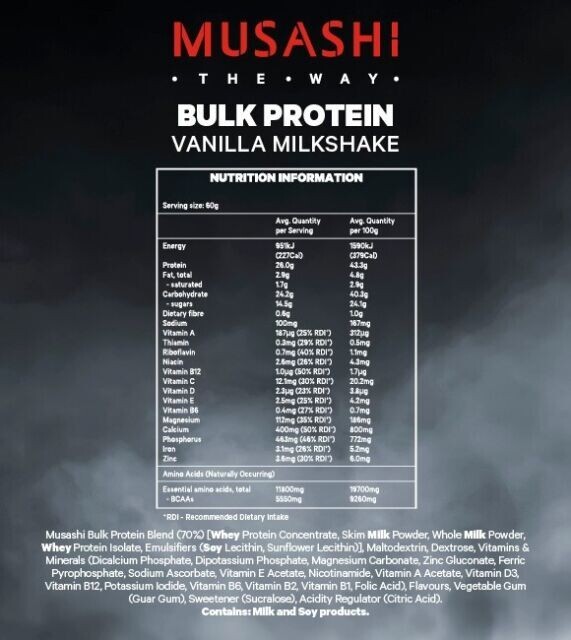 New Musashi Bulk Protein Powder Vanilla Milkshake Flavour 900g – 2KG Range